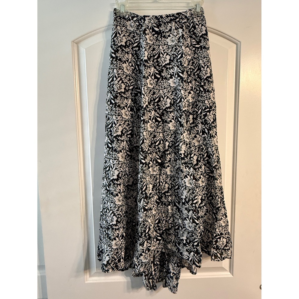 Amuse Society Floral High-Low Maxi Skirt Womens Small Black White Breezy Boho